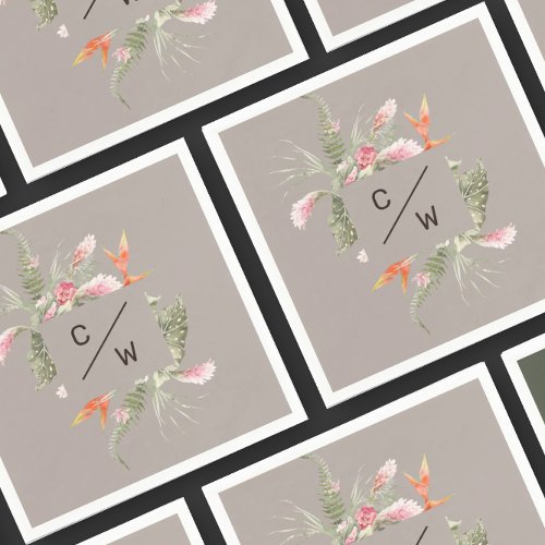 Simple Tropical Floral Monogram Taup Wedding Paper Napkins