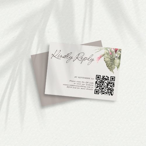 Simple Tropical Floral QR Code Taupe RSVP Card