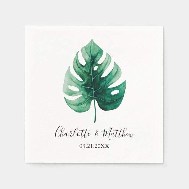 Simple Tropical Green Monstera Leaf Wedding Napkins (Front)