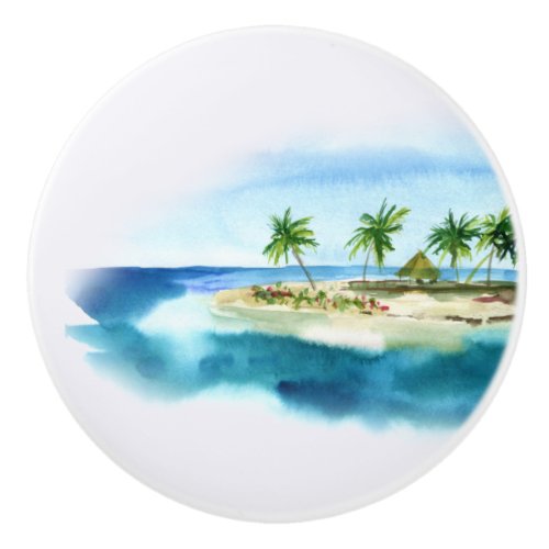 Simple Tropical Island Beach Palm Tree Watercolor  Ceramic Knob