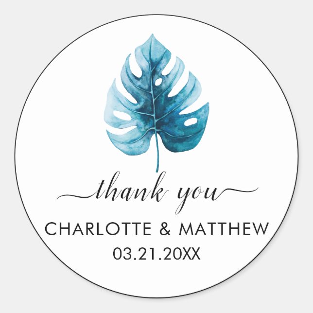 Simple Tropical Monstera Leaf Wedding Thank You Classic Round Sticker (Front)