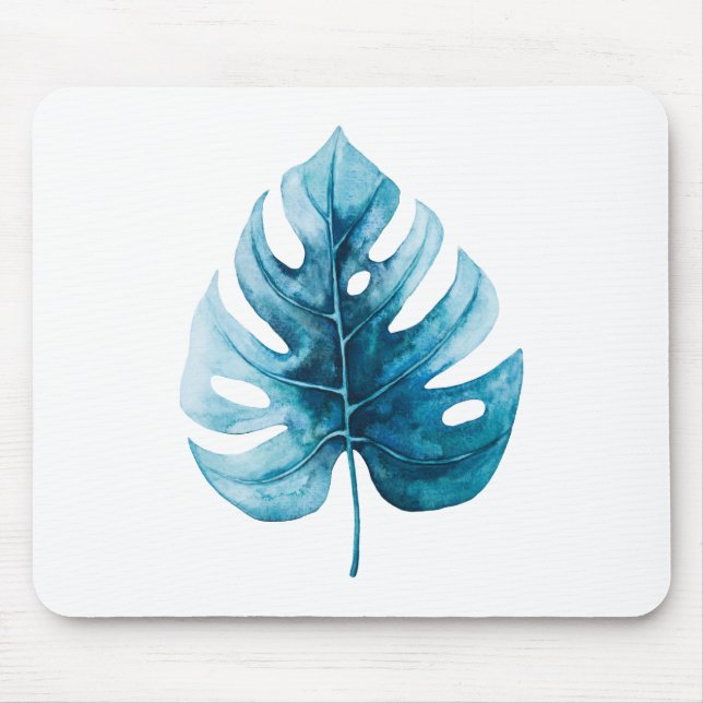 Simple Tropical Watercolor Blue Leaf Mouse Pad (Front)