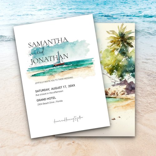 Simple tropical  watercolour cruise sailboat  save the date