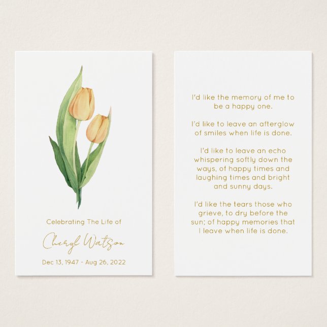 Simple Tulip Funeral Memorial Prayer Card (Front & Back)