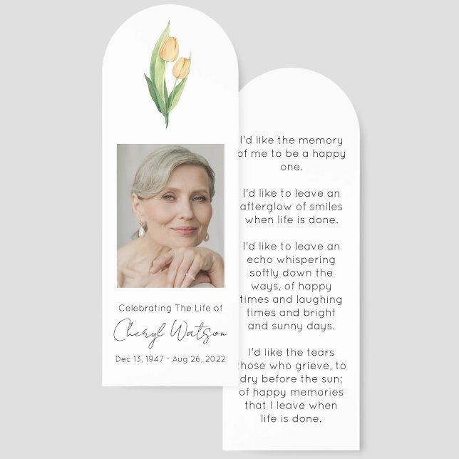 Simple Tulip Photo Funeral Memorial Bookmark (Front & Back)