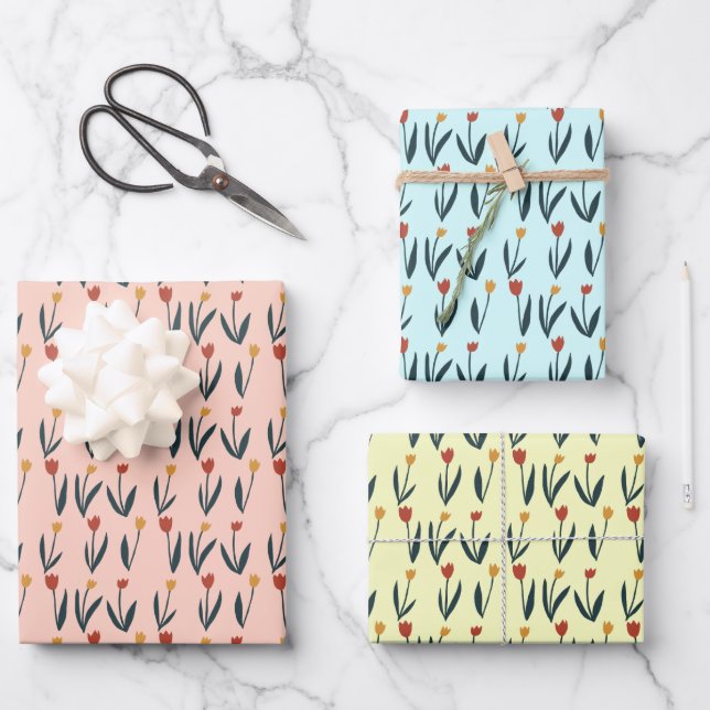 Simple Tulips Easter Spring Floral Pattern Gift Wrapping Paper Sheets (Front)