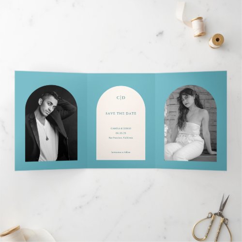 Simple Turquoise Arch Modern Wedding Save the Date Tri_Fold Announcement
