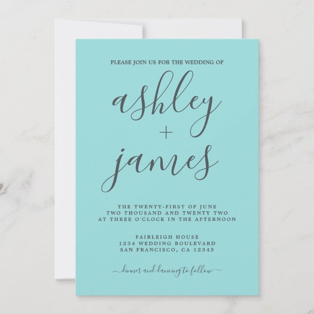 Simple Turquoise Blue Calligraphy Wedding Invitation (Front)