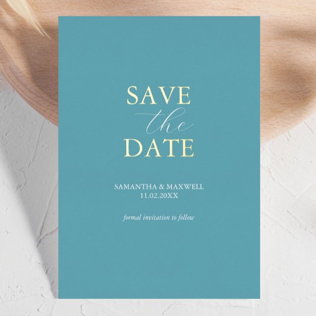 Simple Turquoise Blue Save The Date Wedding Foil Invitation (contemporary save the date cards turquoise minimalist )