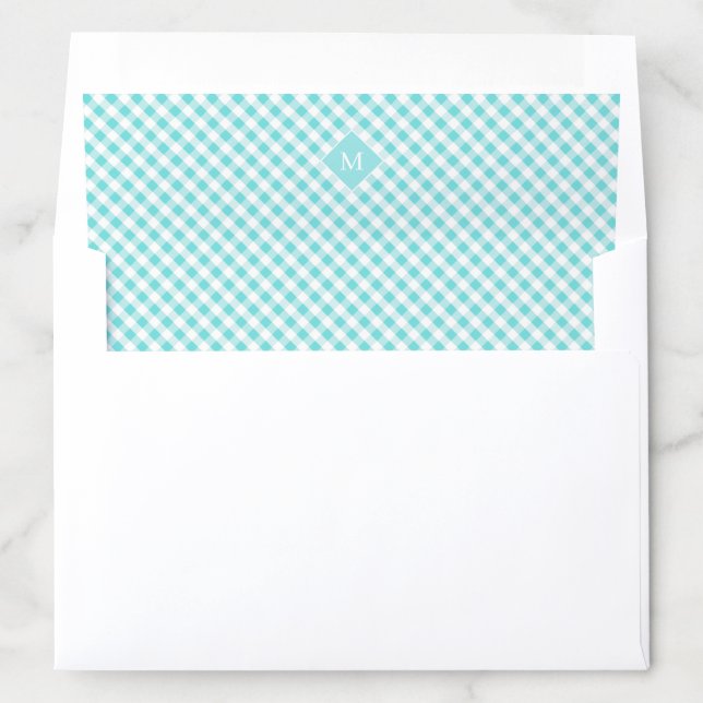 Simple turquoise gingham pattern monogram envelope liner (In Envelope)