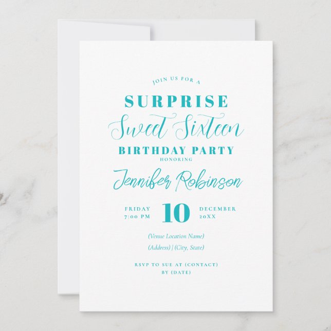 Simple Turquoise Photo SURPRISE Sweet 16   Invitation (Front)