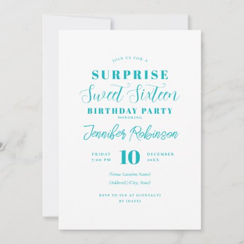 Simple Turquoise Photo SURPRISE Sweet 16   Invitation