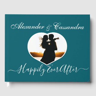 Simple Turquoise Teal Blue Photo Wedding Guest Book