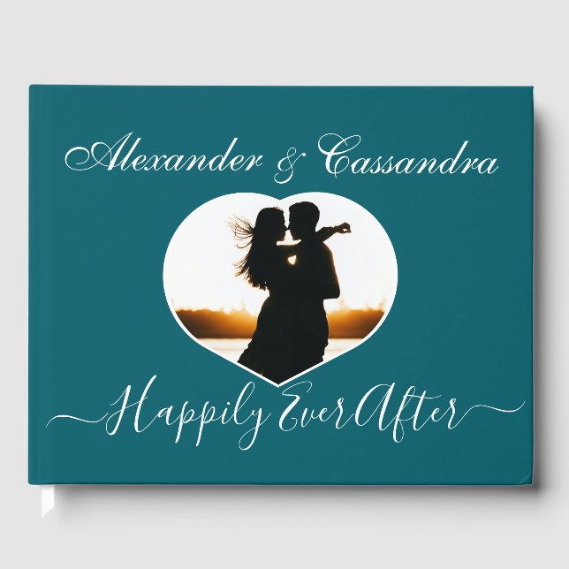 Simple Turquoise Teal Blue Photo Wedding  Guest Book (Front)