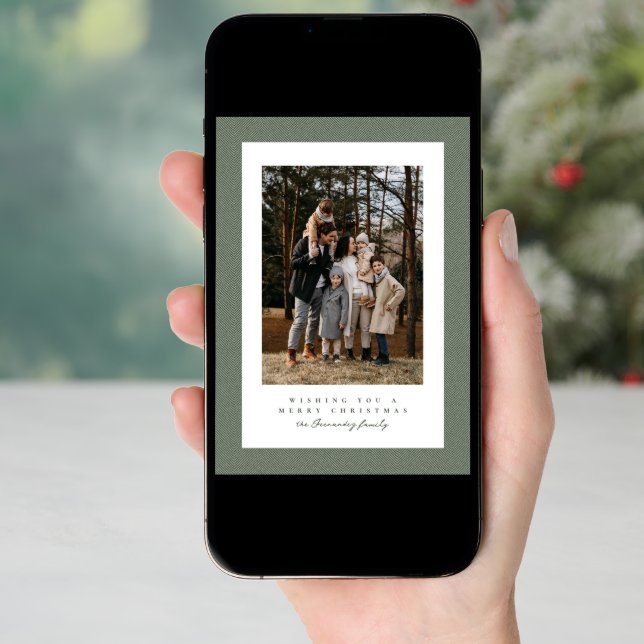 Simple tweed frame green photo Christmas Holiday Card (Front Digital)