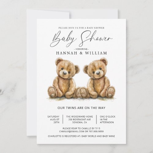 Simple Twins Watercolor Little Bears Baby Shower Invitation