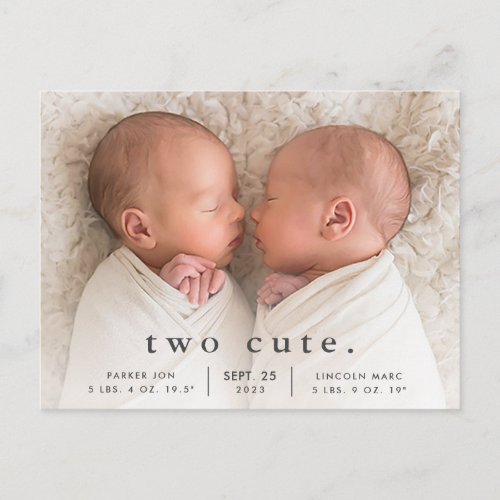 Simple Two Cute Photo Twins Birth Announcement Postcard