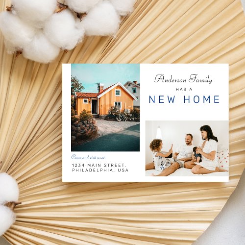 Simple Two Family Photo New Home MovingBlue Announcement Postcard