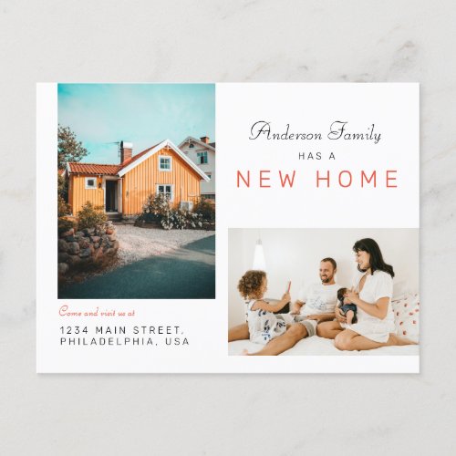 Simple Two Family Photo New Home MovingRed Announcement Postcard