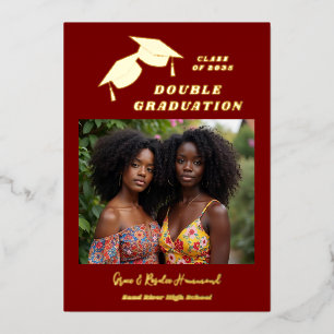 Simple Two Grads Double Graduation Photo Gold Foil Invitation