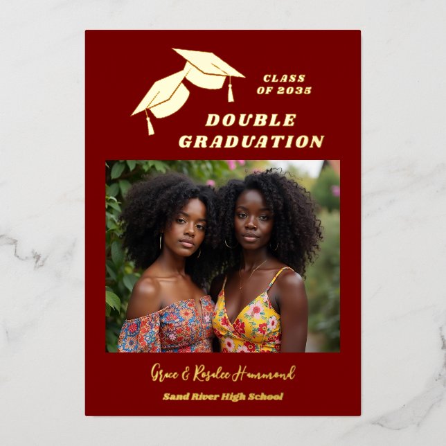 Simple Two Grads Double Graduation Photo Gold Foil Invitation (Front)