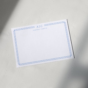 Simple Two Monogram Light Blue Geometric Border Note Card