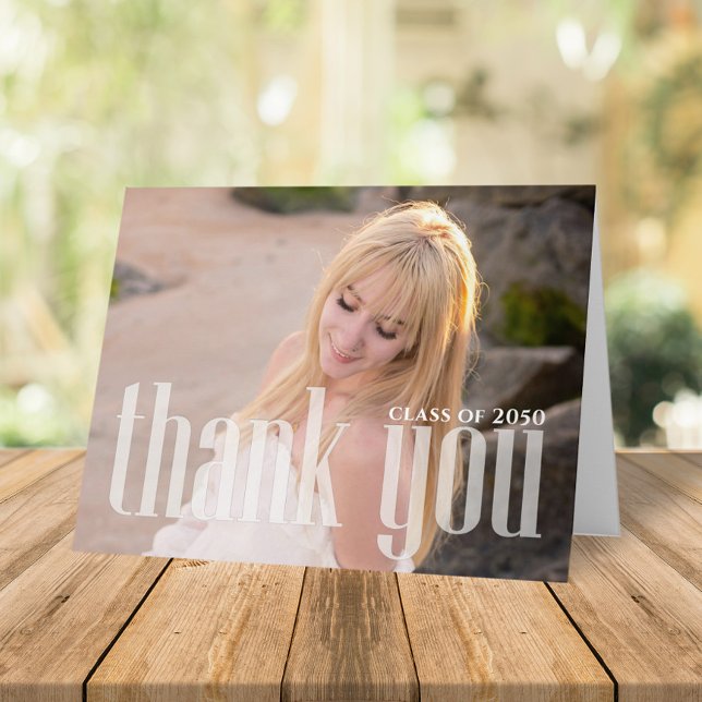 Simple Two Photo Graduation Thank You Custom Card (Modern "thank you" typography design photo card with Class of wording.)