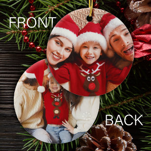 Simple two photos family double sided holiday ceramic ornament