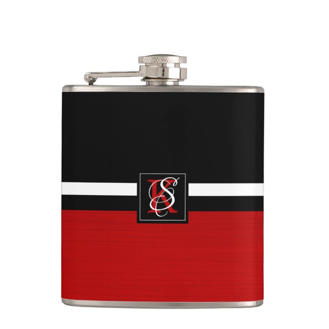 Simple Two Tone Black and Red Initials Monogram Flask (Front)