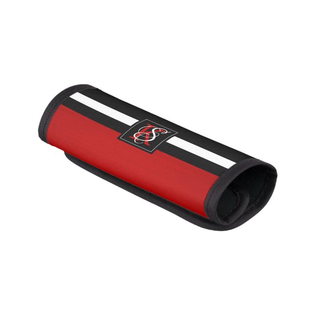 Simple Two Tone Black and Red Initials Monogram Luggage Handle Wrap (Angled)