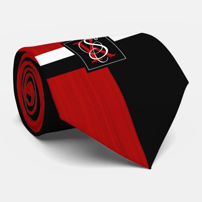 Simple Two Tone Black and Red Initials Monogram Neck Tie (Rolled)