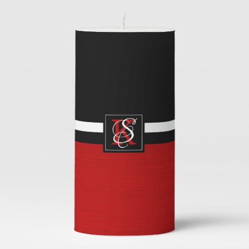 Simple Two Tone Black and Red Initials Monogram Pillar Candle