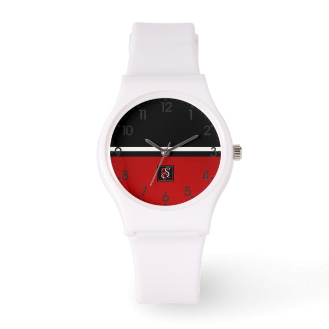 Simple Two Tone Black and Red Initials Monogram Watch (Front)