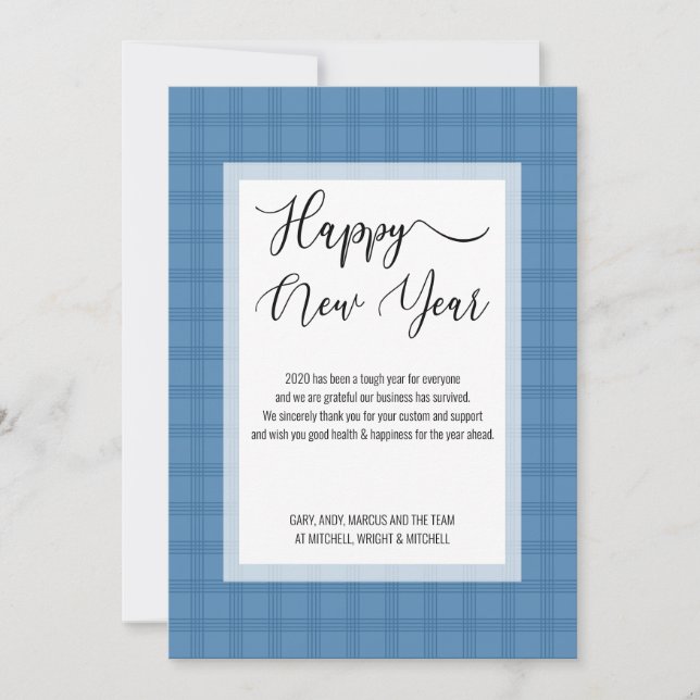 Simple Two Tone Blue Plaid Happy New Year Holiday Card (Front)