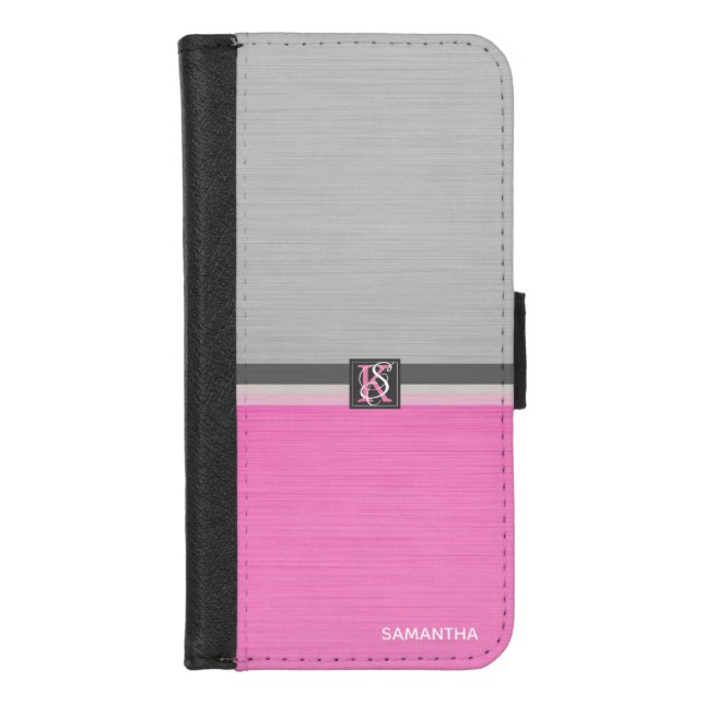 Simple Two Tone Pink and Grey Initials Monogram iPhone Wallet Case (Front)