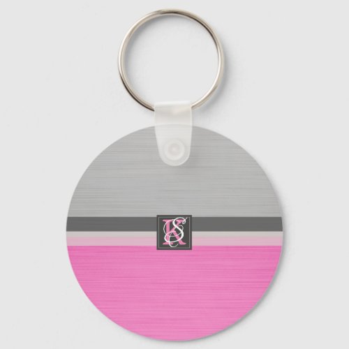 Simple Two Tone Pink and Grey Initials Monogram Keychain
