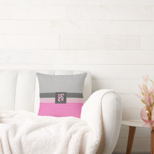 Simple Two Tone Pink and Grey Initials Monogram Throw Pillow