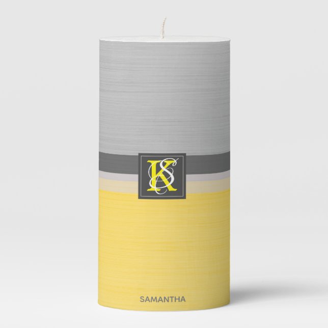 Simple Two Tone Yellow and Grey Initials Monogram Pillar Candle (Front)