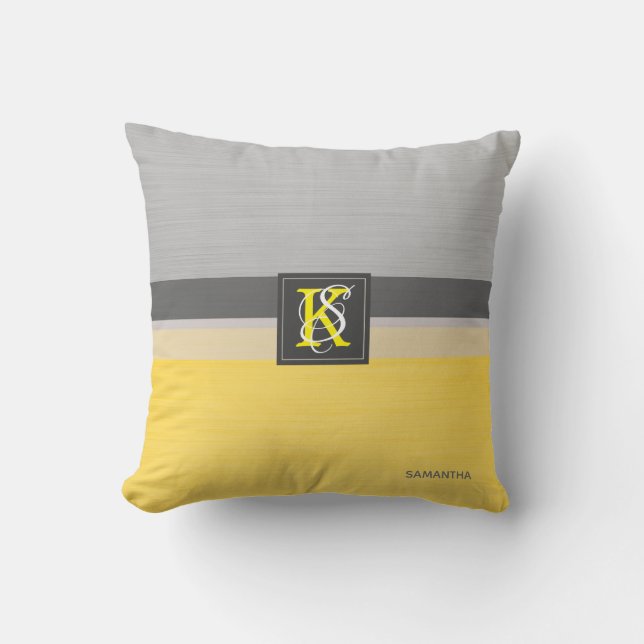 Simple Two Tone Yellow and Grey Initials Monogram Throw Pillow (Front)