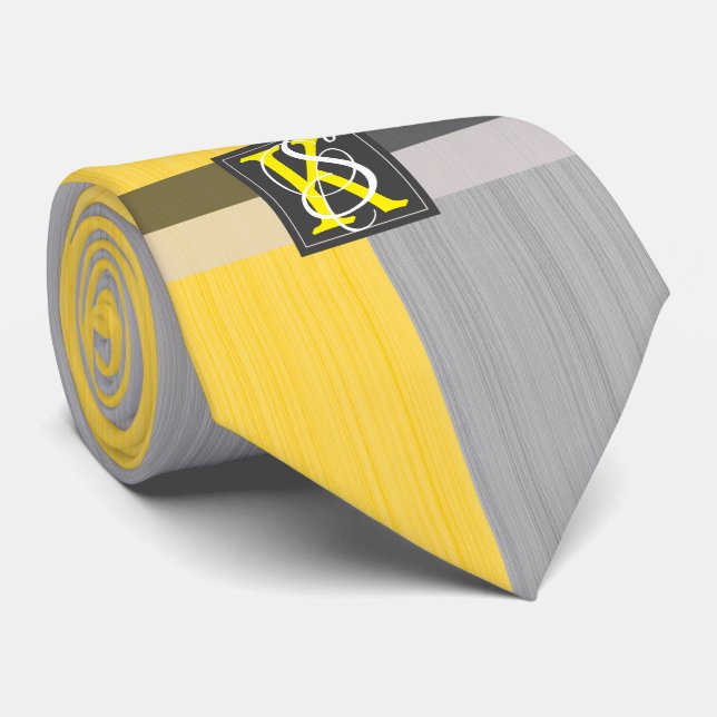 Simple Two Tone Yellow and Grey Initials Monogram Tie (Rolled)