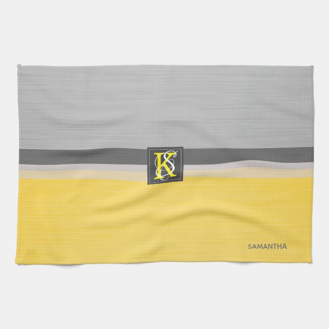Simple Two Tone Yellow and Grey Initials Monogram Towel (Horizontal)