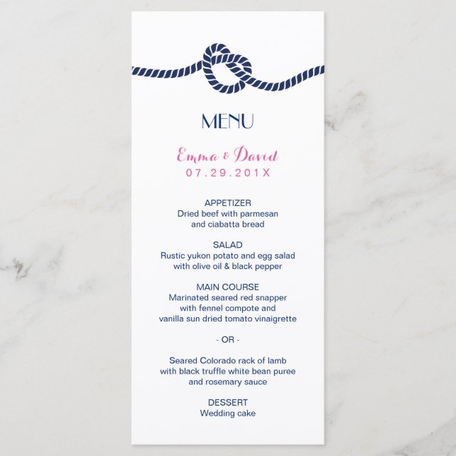 Simple Tying the Knot Classy Nautical Wedding Menu (Front)
