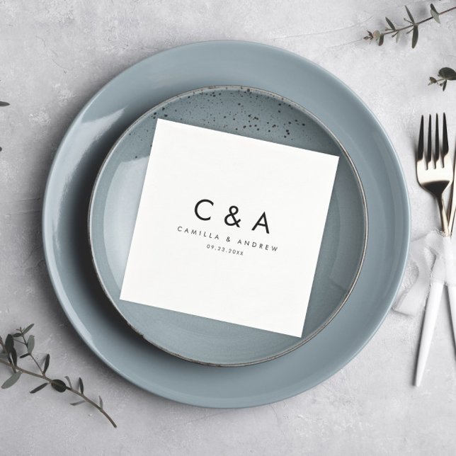 Simple Type Black and White Wedding Monogram Napkins (Simple Modern Black and White Wedding Monogram Cocktail Hour Party Napkins.)