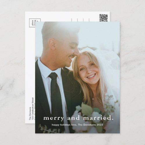 Simple Type Merry and Married Photo Christmas Holiday Postcard