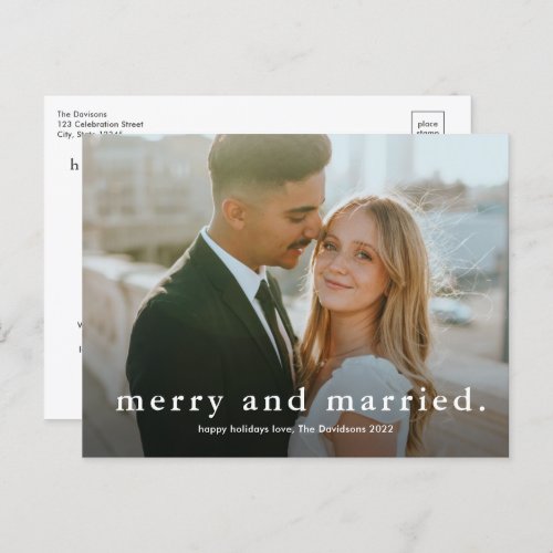 Simple Type Merry and Married Photo Christmas Holiday Postcard