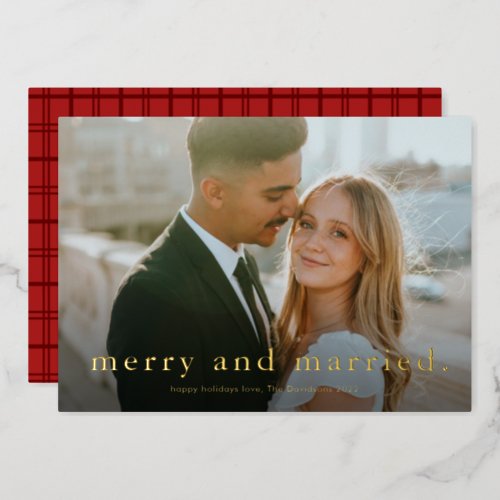 Simple type modern merry and married wedding photo foil holiday card
