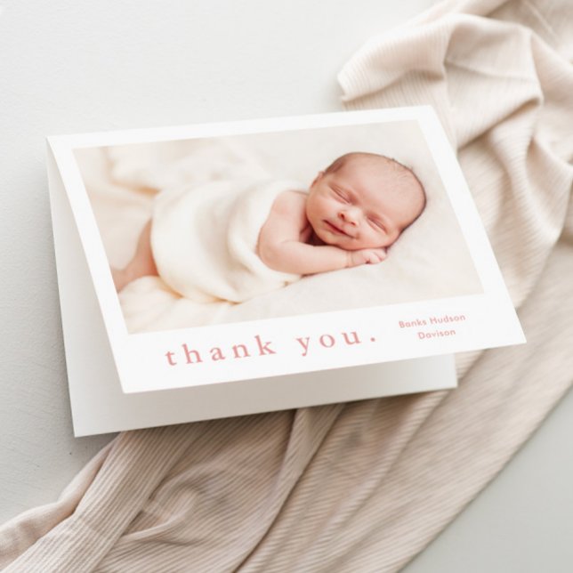 Simple Type Photo Baby Thank You Card (Simple typography pink girls baby photo thank you card.)