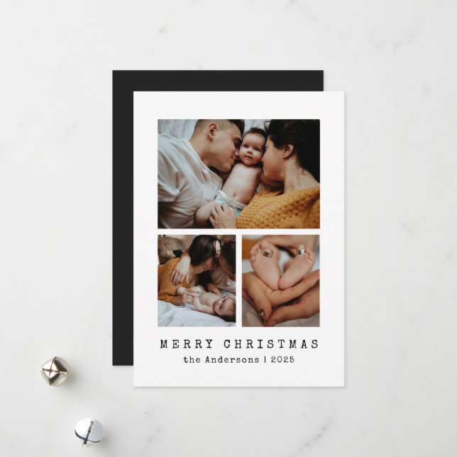 Simple Typewriter Family 3 Photo Collage Christmas Holiday Card (Front/Back In Situ)
