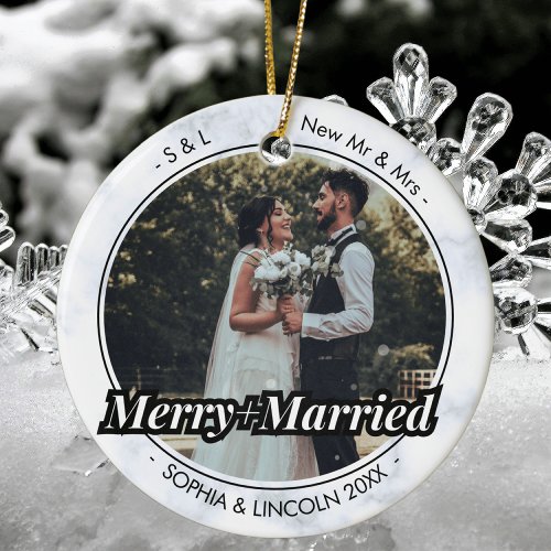 Simple Typewriter Merry and Married Photo Ceramic Ornament