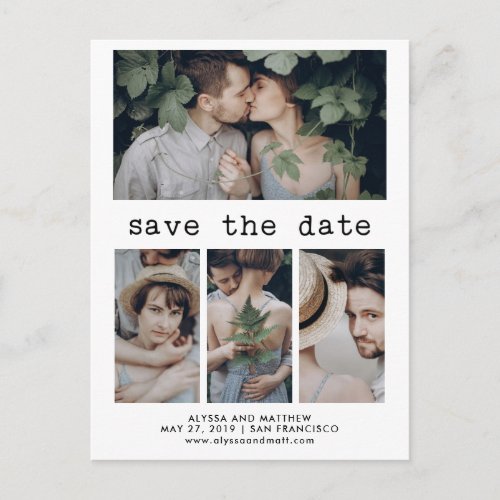 Simple Typewriter Text Save the Date  4 Photo Announcement Postcard